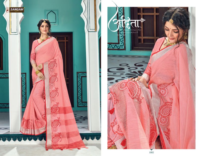 Sangam Print Launch Victoria Linen Embroidery Work Exclusive Saree Exporter