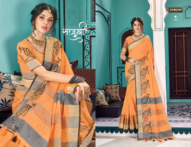 Sangam Print Launch Victoria Linen Embroidery Work Exclusive Saree Exporter