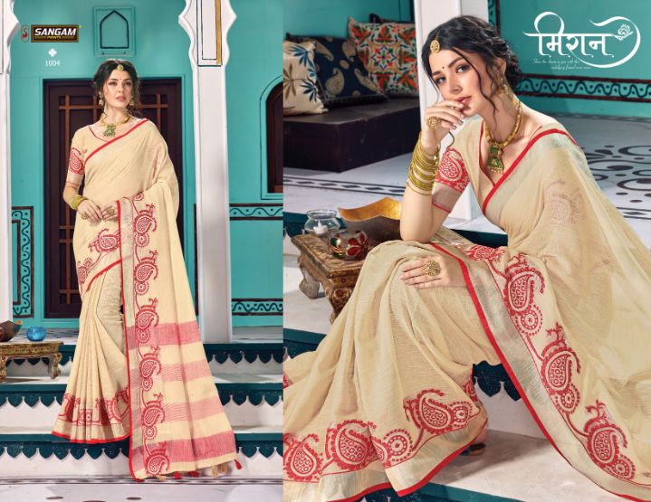 Sangam Print Launch Victoria Linen Embroidery Work Exclusive Saree Exporter