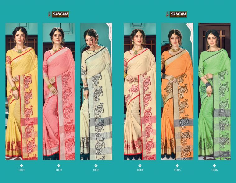 Sangam Print Launch Victoria Linen Embroidery Work Exclusive Saree Exporter