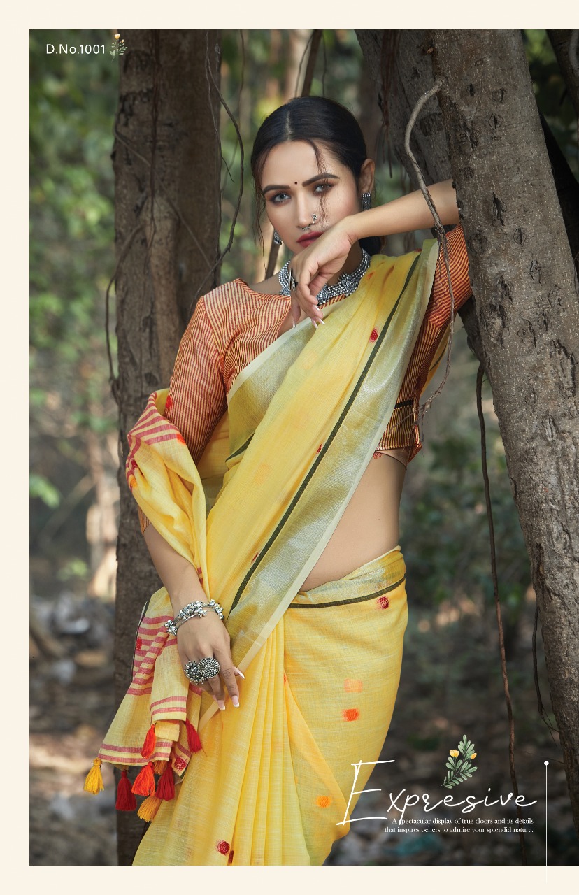 Sangam Print Sangeet Linen With Embroidery Work Saree Exporter
