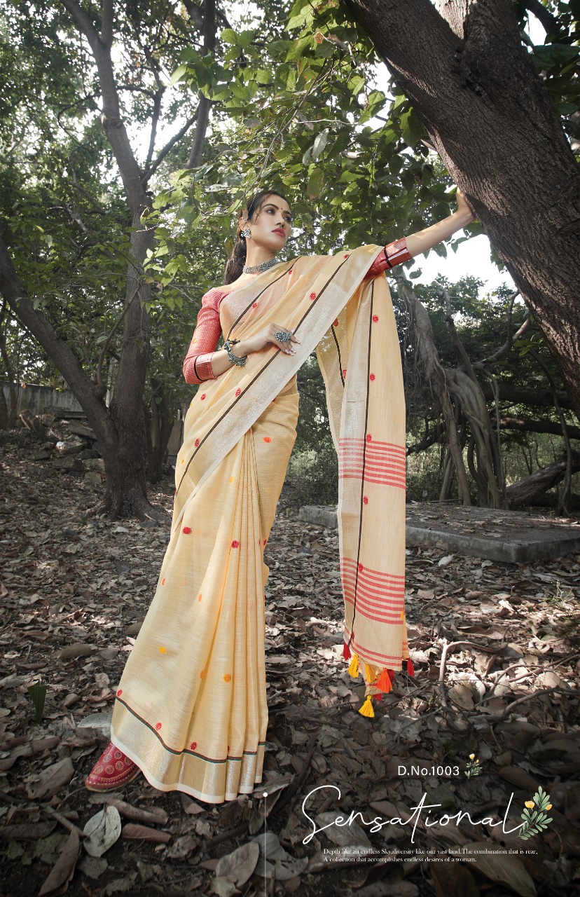 Sangam Print Sangeet Linen With Embroidery Work Saree Exporter