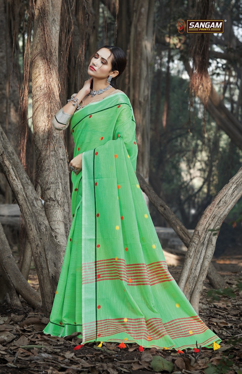 Sangam Print Sangeet Linen With Embroidery Work Saree Exporter