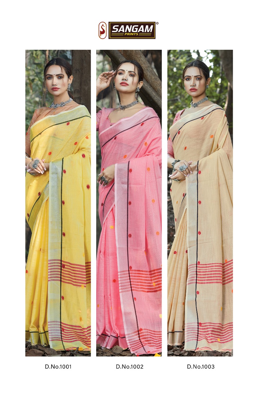 Sangam Print Sangeet Linen With Embroidery Work Saree Exporter