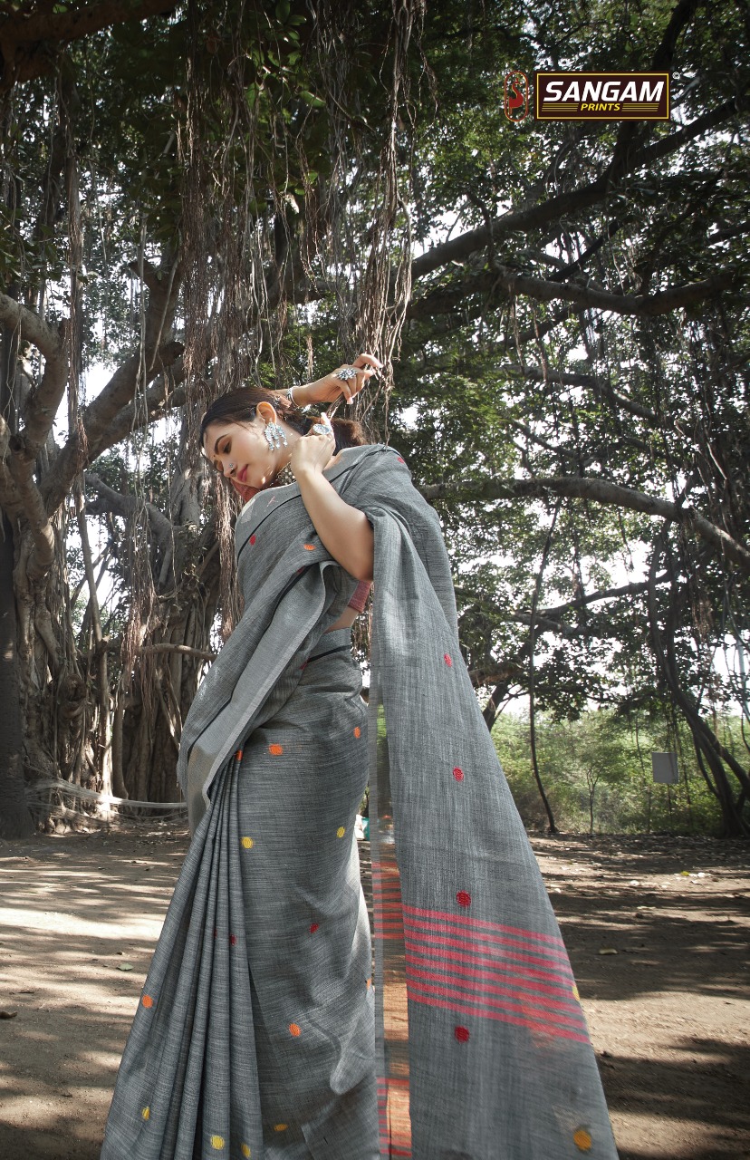 Sangam Print Sangeet Linen With Embroidery Work Saree Exporter