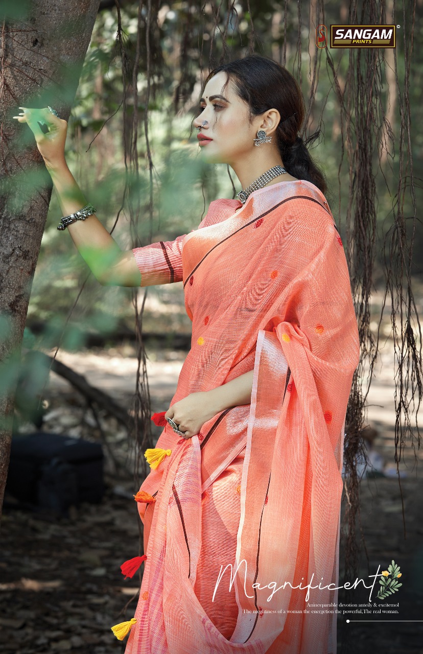 Sangam Print Sangeet Linen With Embroidery Work Saree Exporter