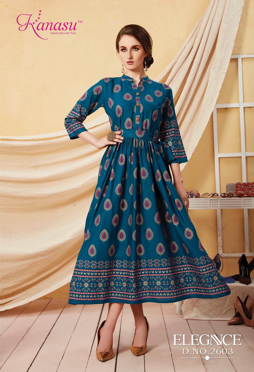Kanasu Launch Elegance Rayon Gold Print Long Kurti Wholesale Rate In Surat Textile Market