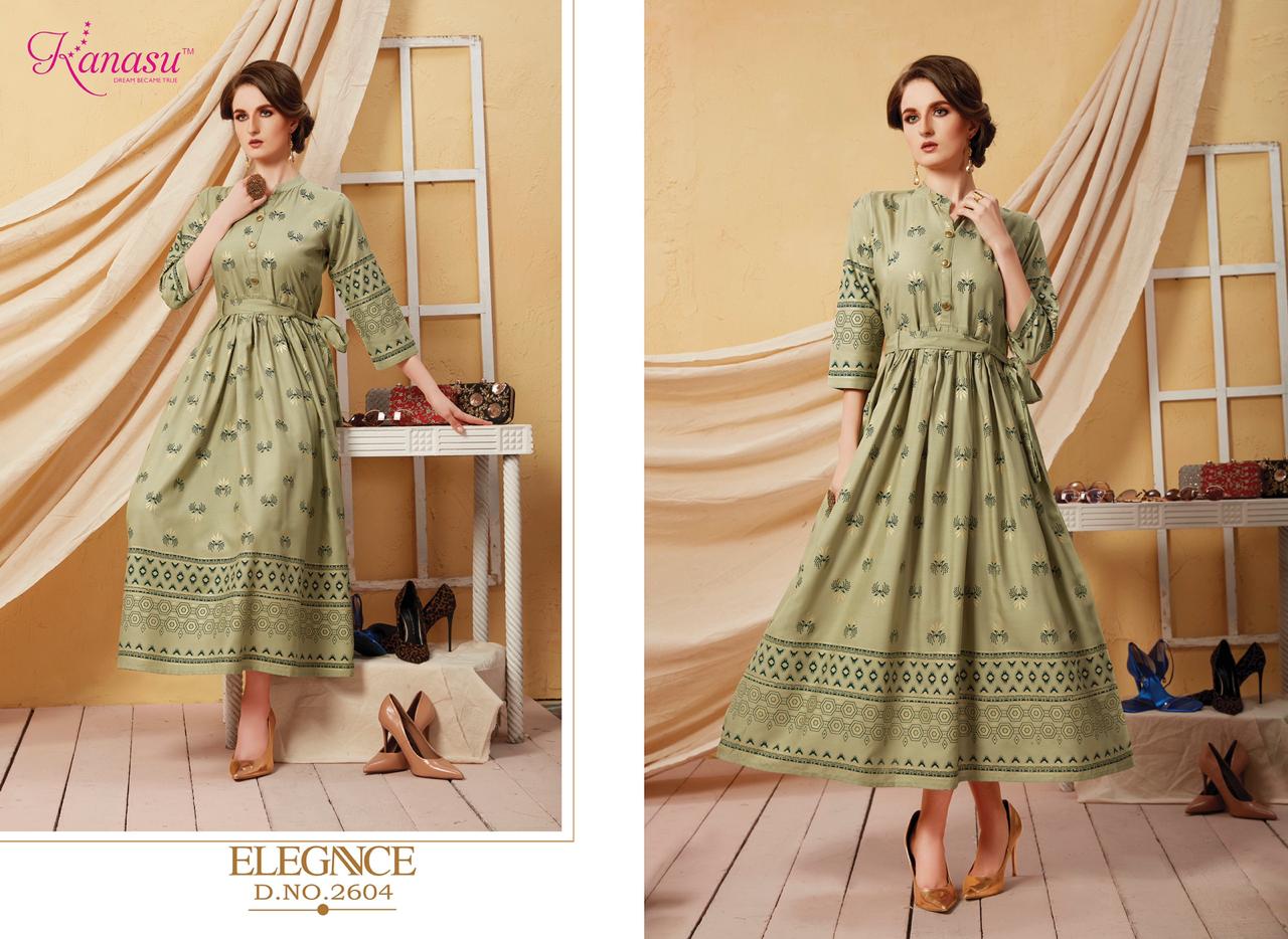 Kanasu Launch Elegance Rayon Gold Print Long Kurti Wholesale Rate In Surat Textile Market