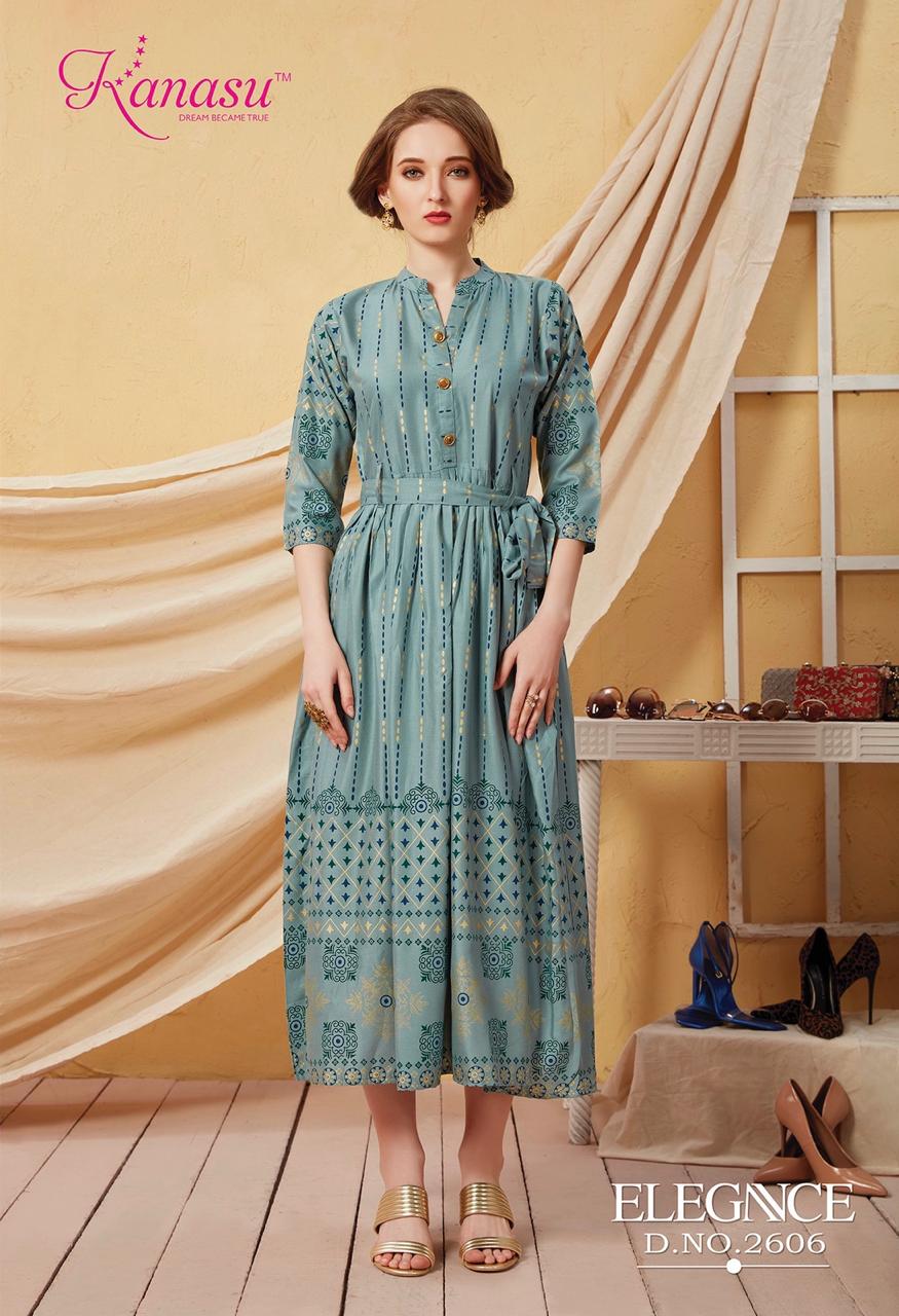 Kanasu Launch Elegance Rayon Gold Print Long Kurti Wholesale Rate In Surat Textile Market