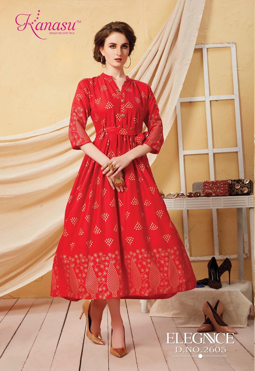 Kanasu Launch Elegance Rayon Gold Print Long Kurti Wholesale Rate In Surat Textile Market