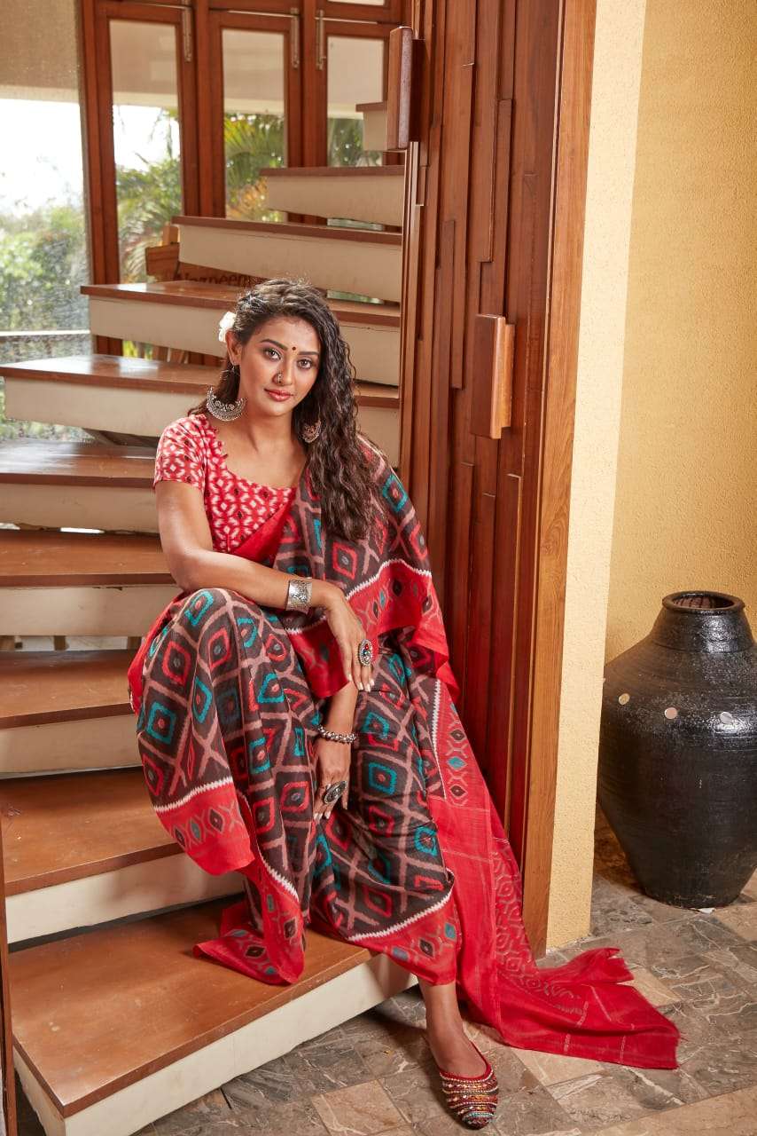 Sr Brand Barkha Vol 3 Cotton Handloom Saree With Ikkat Blouse