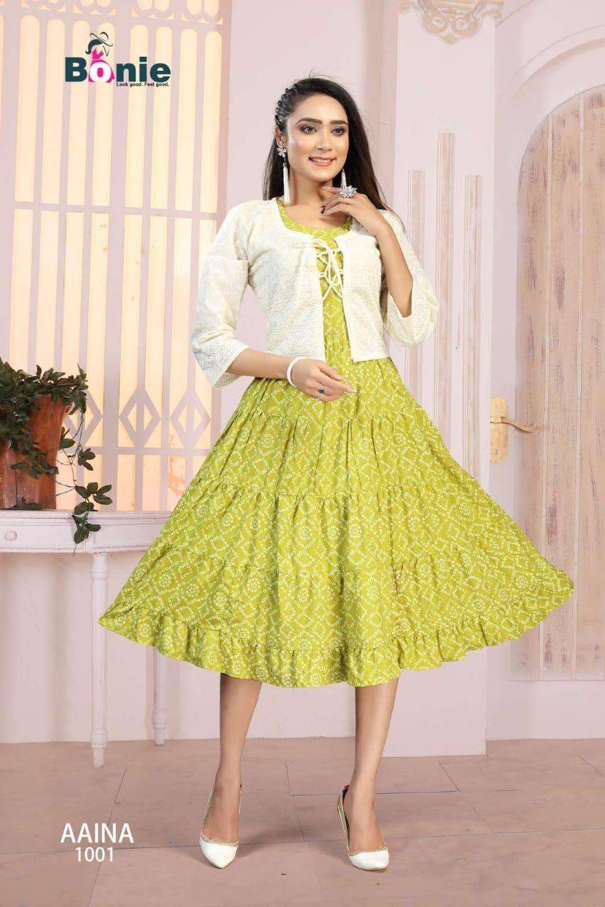 Aaina By Bonie Heavy Rayon Kurti With Jacket Catalog Collection Wholesaler Lowest Best Price In Ahmedabad Surat Chennai India Uk Usa Malaysia Singapore Canada Australia Mauritius