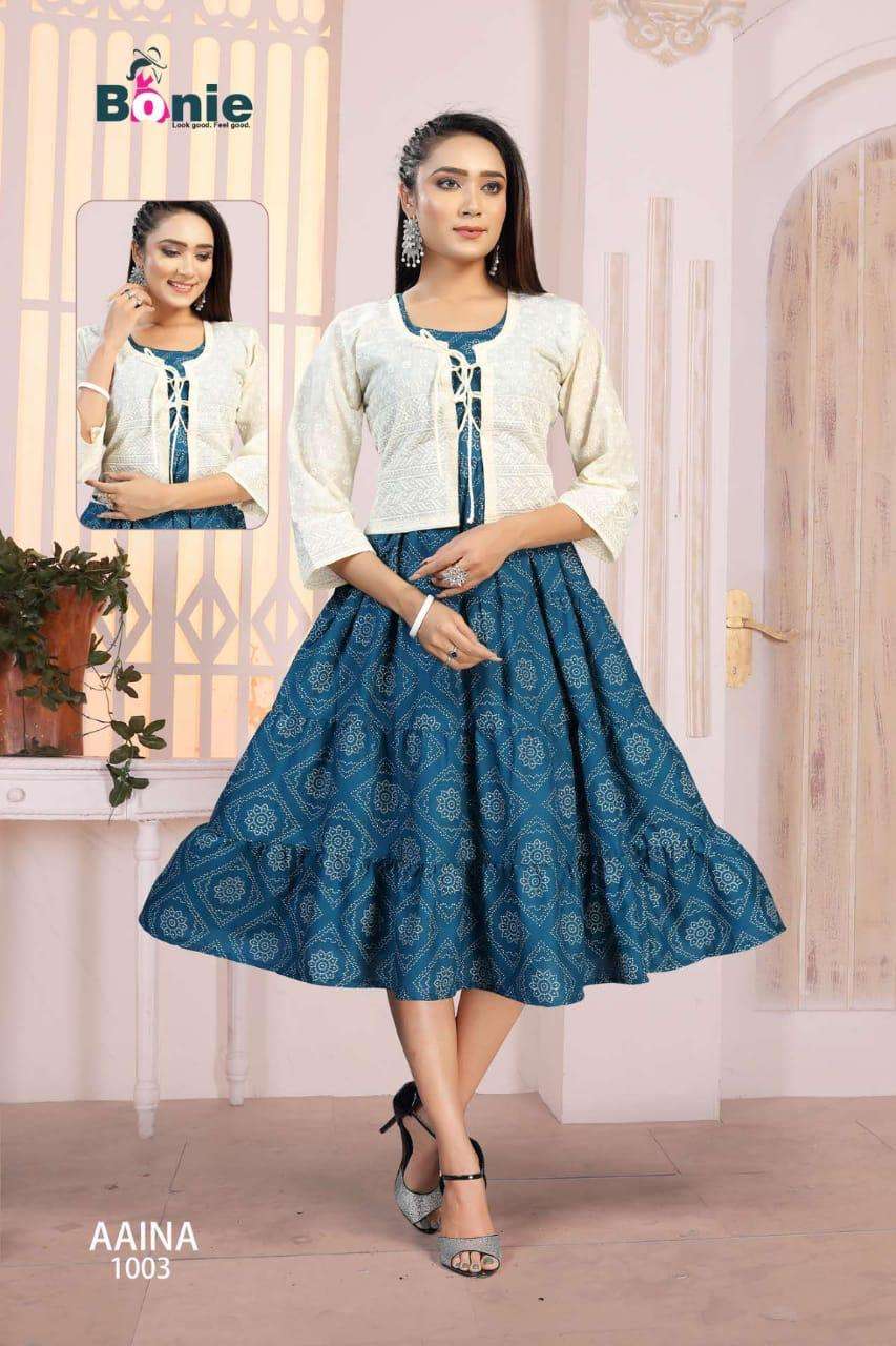 Aaina By Bonie Heavy Rayon Kurti With Jacket Catalog Collection Wholesaler Lowest Best Price In Ahmedabad Surat Chennai India Uk Usa Malaysia Singapore Canada Australia Mauritius