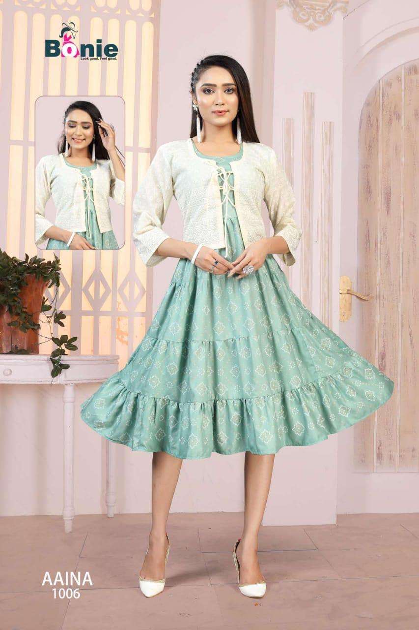 Aaina By Bonie Heavy Rayon Kurti With Jacket Catalog Collection Wholesaler Lowest Best Price In Ahmedabad Surat Chennai India Uk Usa Malaysia Singapore Canada Australia Mauritius