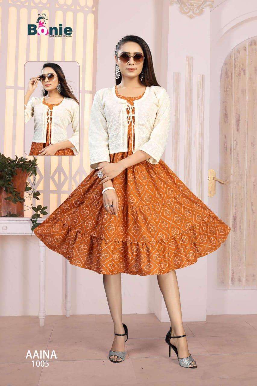 Aaina By Bonie Heavy Rayon Kurti With Jacket Catalog Collection Wholesaler Lowest Best Price In Ahmedabad Surat Chennai India Uk Usa Malaysia Singapore Canada Australia Mauritius