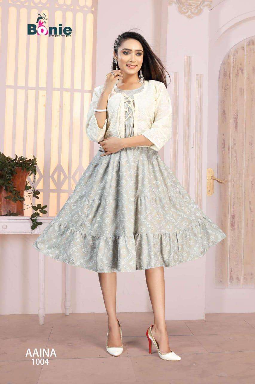 Aaina By Bonie Heavy Rayon Kurti With Jacket Catalog Collection Wholesaler Lowest Best Price In Ahmedabad Surat Chennai India Uk Usa Malaysia Singapore Canada Australia Mauritius