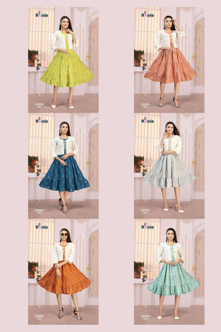 Aaina By Bonie Heavy Rayon Kurti With Jacket Catalog Collection Wholesaler Lowest Best Price In Ahmedabad Surat Chennai India Uk Usa Malaysia Singapore Canada Australia Mauritius