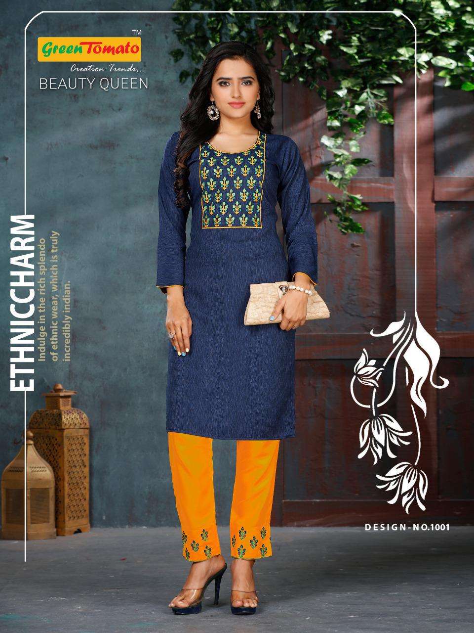 Beauty Queen By Green Tomato Heavy Rayon Kurti With Pant With Work Kurti Catalog