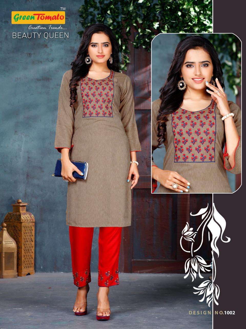 Beauty Queen By Green Tomato Heavy Rayon Kurti With Pant With Work Kurti Catalog