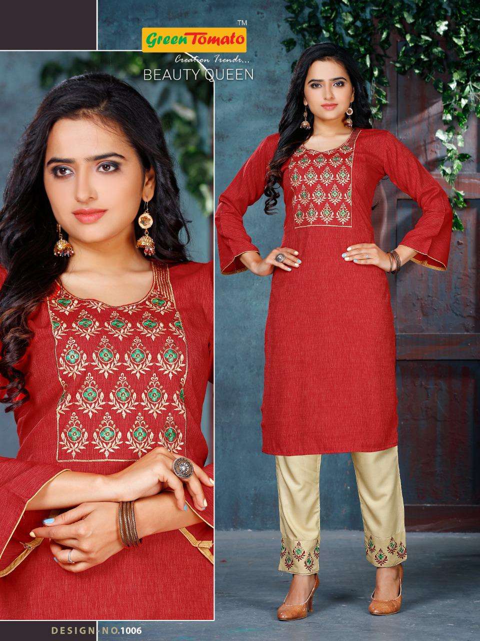 Beauty Queen By Green Tomato Heavy Rayon Kurti With Pant With Work Kurti Catalog