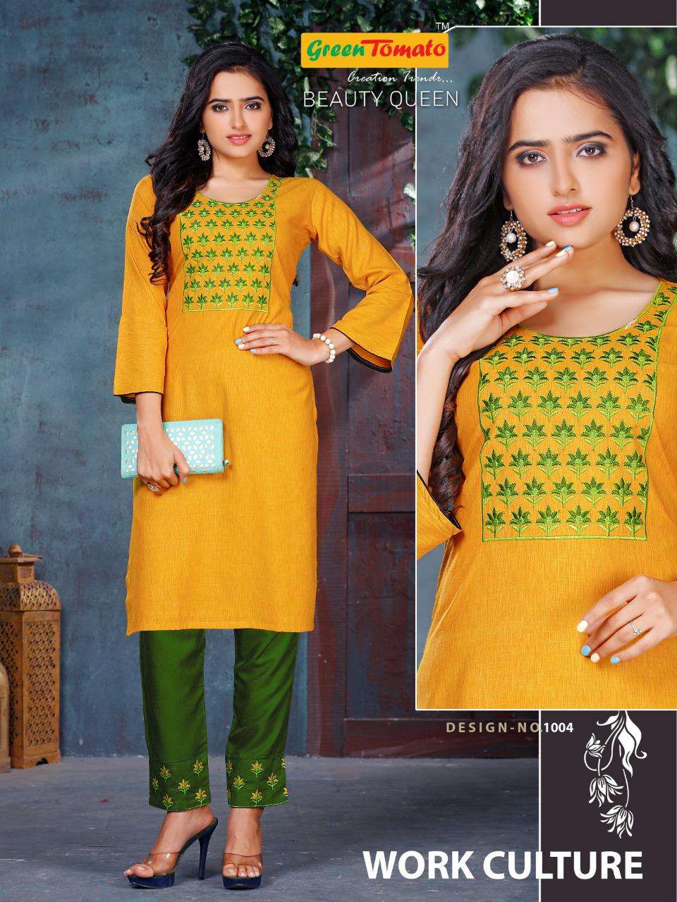 Beauty Queen By Green Tomato Heavy Rayon Kurti With Pant With Work Kurti Catalog