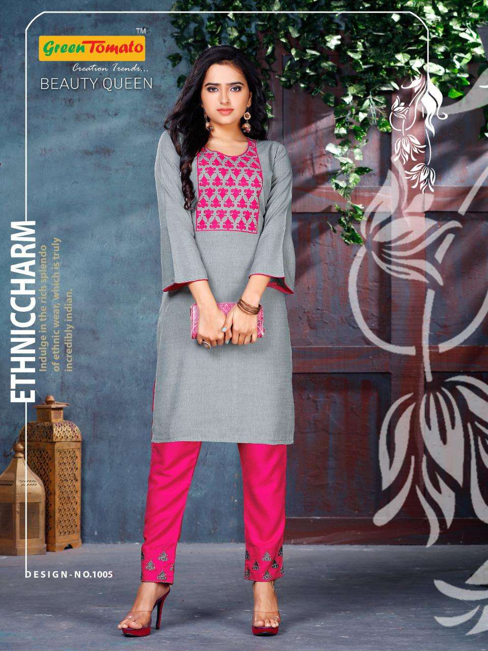 Beauty Queen By Green Tomato Heavy Rayon Kurti With Pant With Work Kurti Catalog