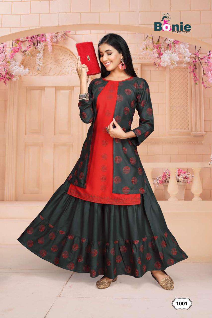 Chavi 2 By Bonie Heavy Rayon Kurti With Skirt Catalog Collection Wholesaler Lowest Best Price In Ahmedabad Surat Chennai India Uk Usa Malaysia Singapore Canada Australia Mauritius