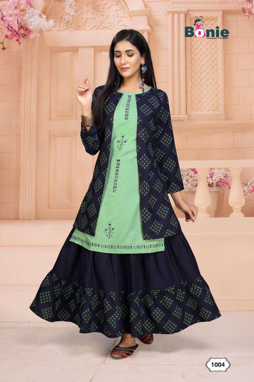 Chavi 2 By Bonie Heavy Rayon Kurti With Skirt Catalog Collection Wholesaler Lowest Best Price In Ahmedabad Surat Chennai India Uk Usa Malaysia Singapore Canada Australia Mauritius