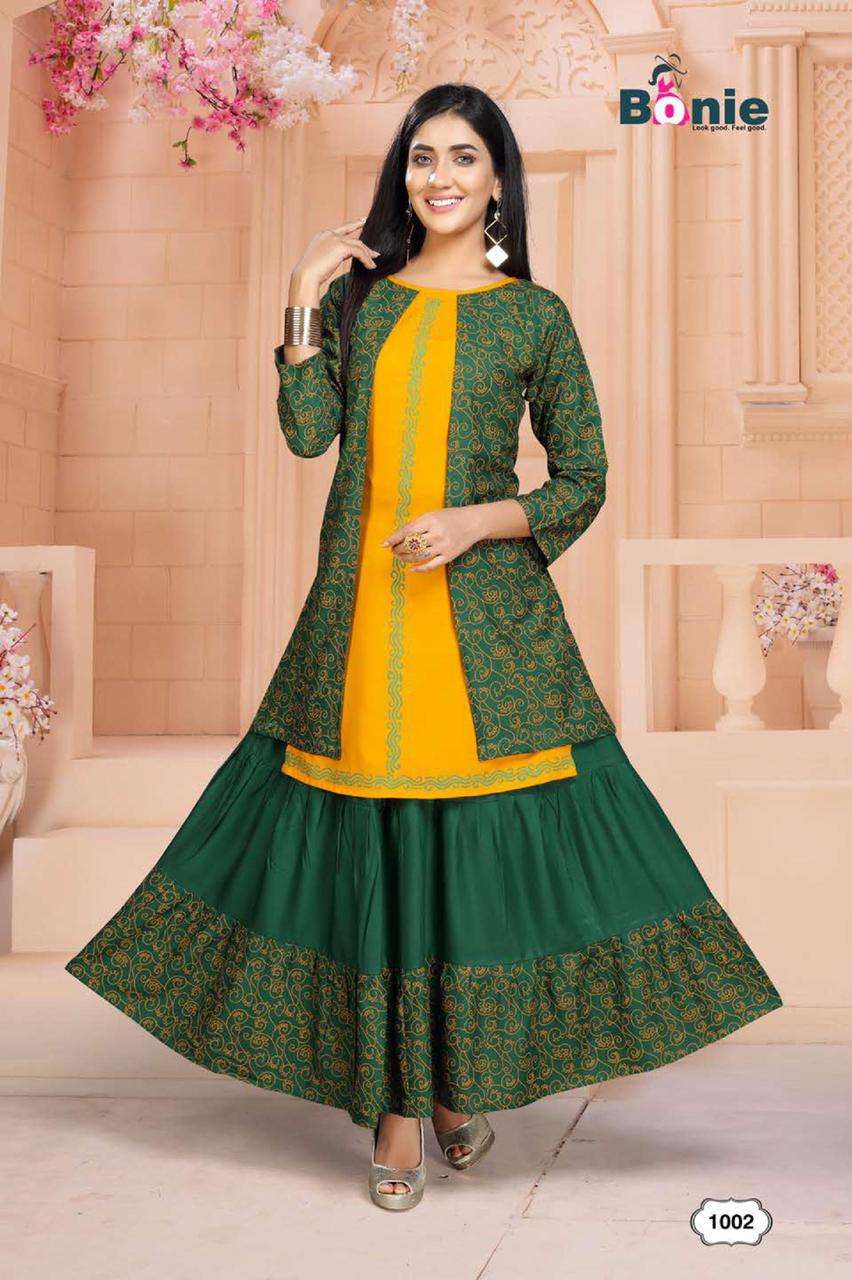 Chavi 2 By Bonie Heavy Rayon Kurti With Skirt Catalog Collection Wholesaler Lowest Best Price In Ahmedabad Surat Chennai India Uk Usa Malaysia Singapore Canada Australia Mauritius