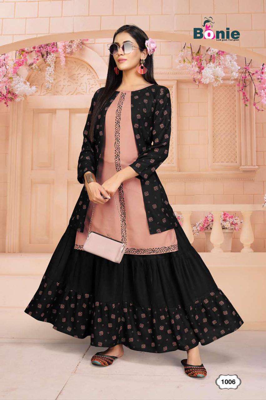 Chavi 2 By Bonie Heavy Rayon Kurti With Skirt Catalog Collection Wholesaler Lowest Best Price In Ahmedabad Surat Chennai India Uk Usa Malaysia Singapore Canada Australia Mauritius