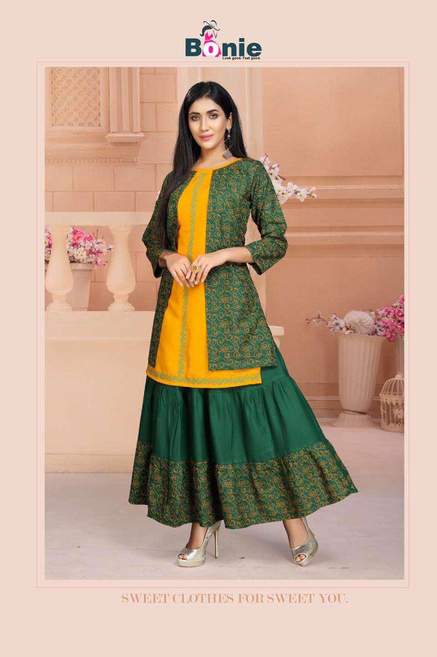 Chavi 2 By Bonie Heavy Rayon Kurti With Skirt Catalog Collection Wholesaler Lowest Best Price In Ahmedabad Surat Chennai India Uk Usa Malaysia Singapore Canada Australia Mauritius