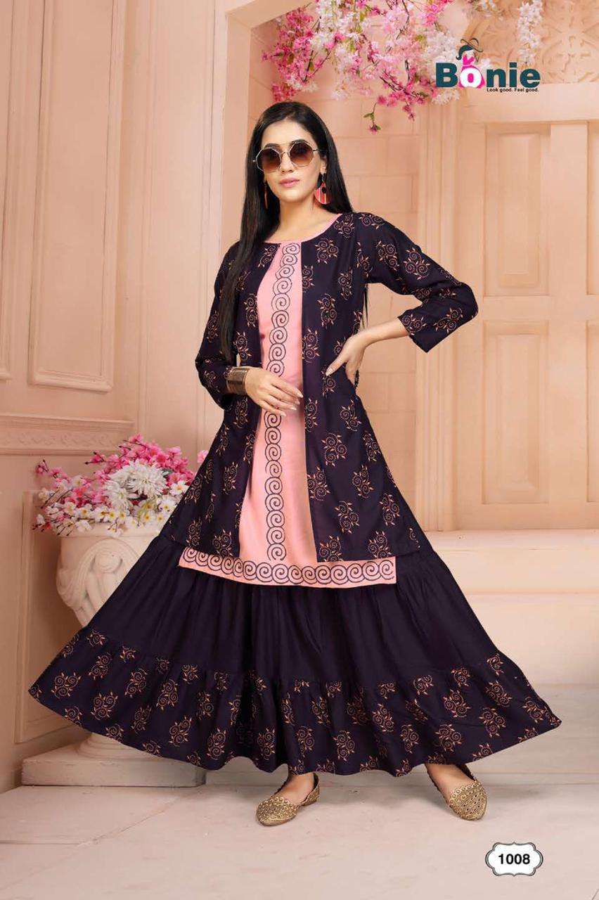 Chavi 2 By Bonie Heavy Rayon Kurti With Skirt Catalog Collection Wholesaler Lowest Best Price In Ahmedabad Surat Chennai India Uk Usa Malaysia Singapore Canada Australia Mauritius