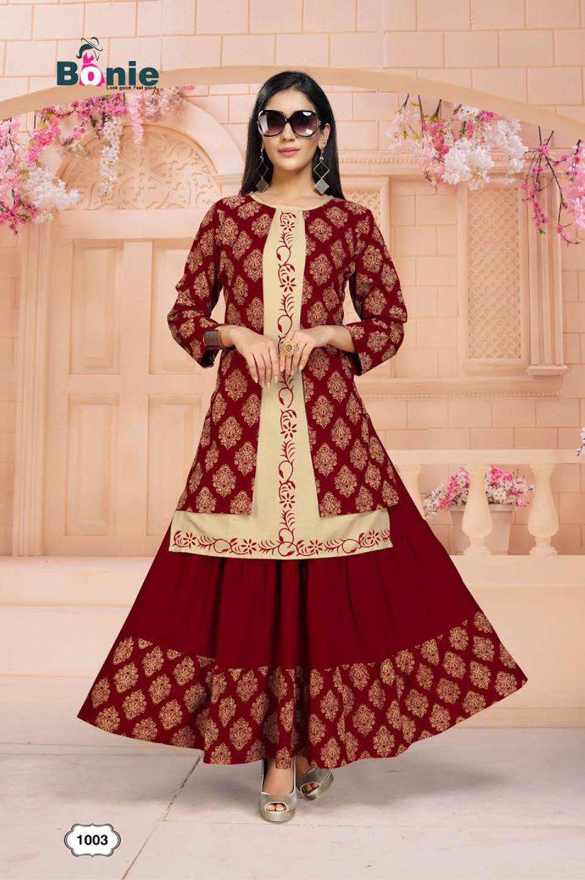 Chavi 2 By Bonie Heavy Rayon Kurti With Skirt Catalog Collection Wholesaler Lowest Best Price In Ahmedabad Surat Chennai India Uk Usa Malaysia Singapore Canada Australia Mauritius