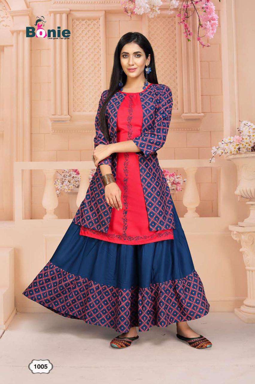 Chavi 2 By Bonie Heavy Rayon Kurti With Skirt Catalog Collection Wholesaler Lowest Best Price In Ahmedabad Surat Chennai India Uk Usa Malaysia Singapore Canada Australia Mauritius