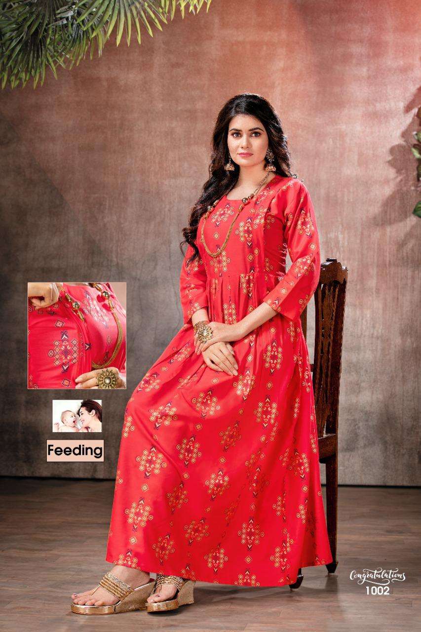 Congratulations By Fashion Talk Heavy Rayon Foil Feeding Long Kurti Catalog