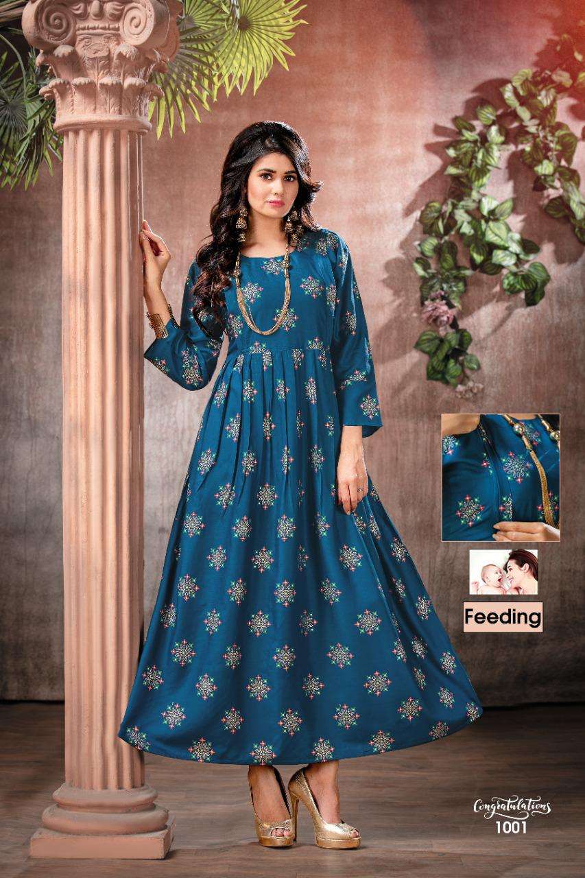 Congratulations By Fashion Talk Heavy Rayon Foil Feeding Long Kurti Catalog