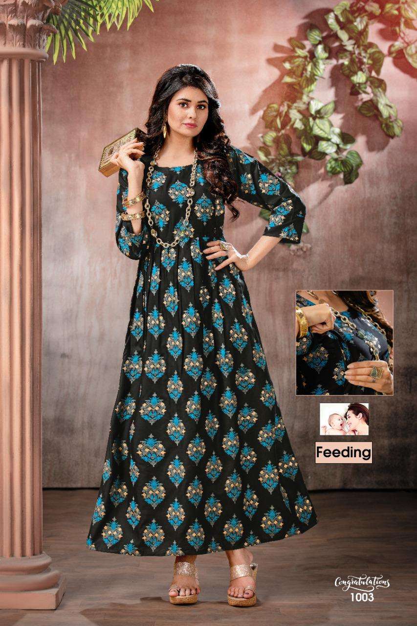 Congratulations By Fashion Talk Heavy Rayon Foil Feeding Long Kurti Catalog