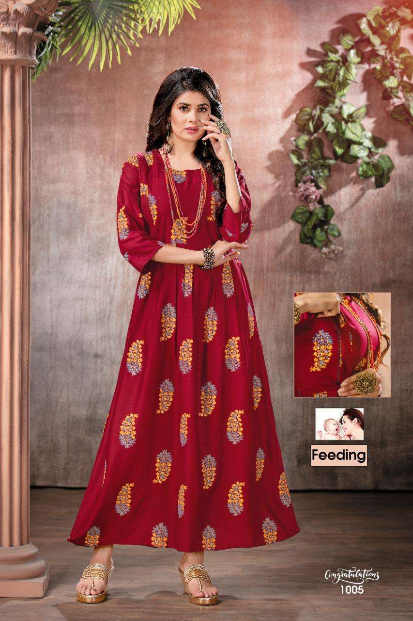 Congratulations By Fashion Talk Heavy Rayon Foil Feeding Long Kurti Catalog