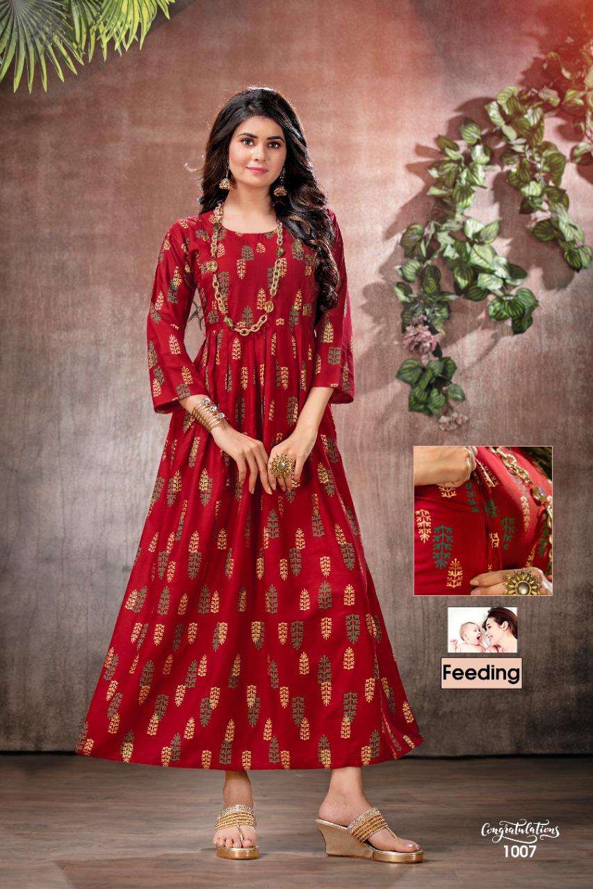 Congratulations By Fashion Talk Heavy Rayon Foil Feeding Long Kurti Catalog