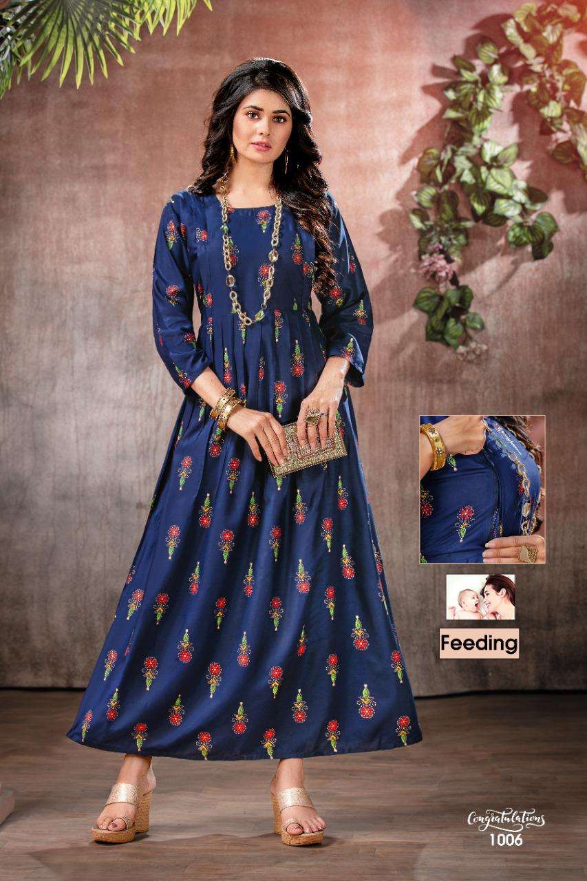 Congratulations By Fashion Talk Heavy Rayon Foil Feeding Long Kurti Catalog