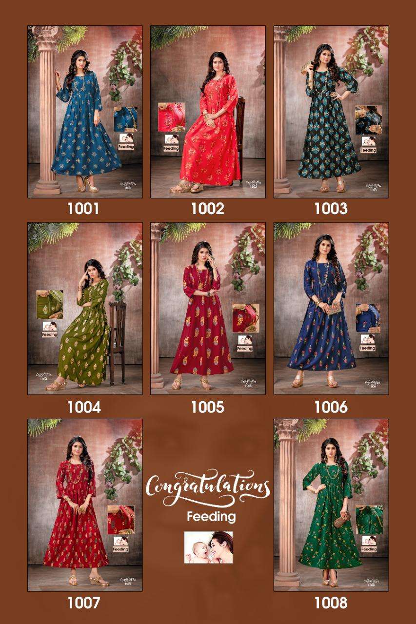 Congratulations By Fashion Talk Heavy Rayon Foil Feeding Long Kurti Catalog