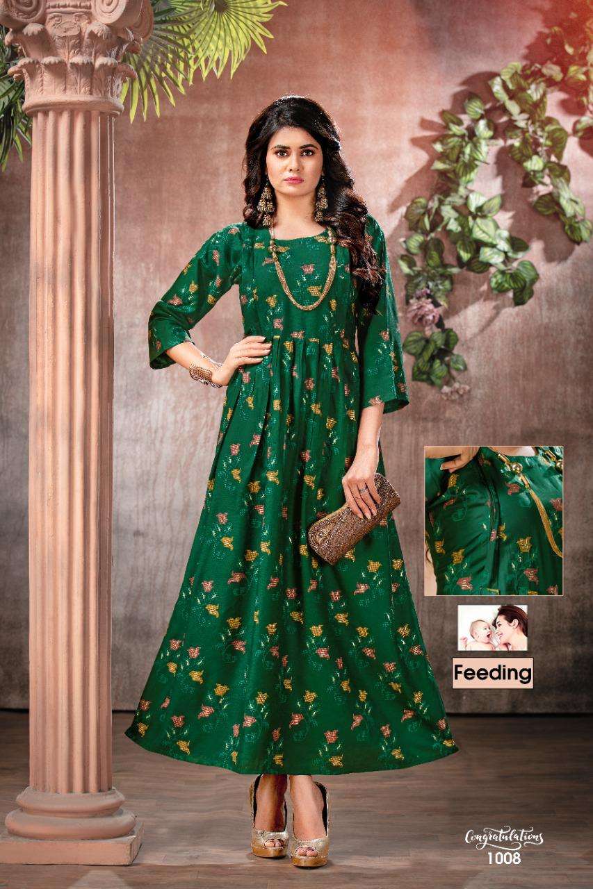 Congratulations By Fashion Talk Heavy Rayon Foil Feeding Long Kurti Catalog