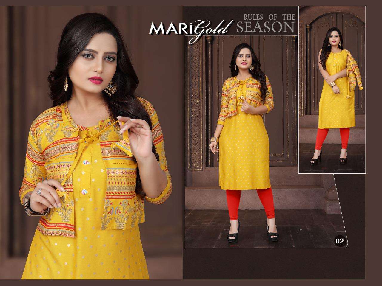 Marigold Vol-2 By Trendy Heavy Rayon With Koti With Gold Foil Print Kurti Catalog Collection