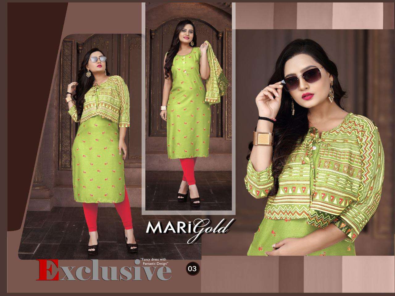 Marigold Vol-2 By Trendy Heavy Rayon With Koti With Gold Foil Print Kurti Catalog Collection