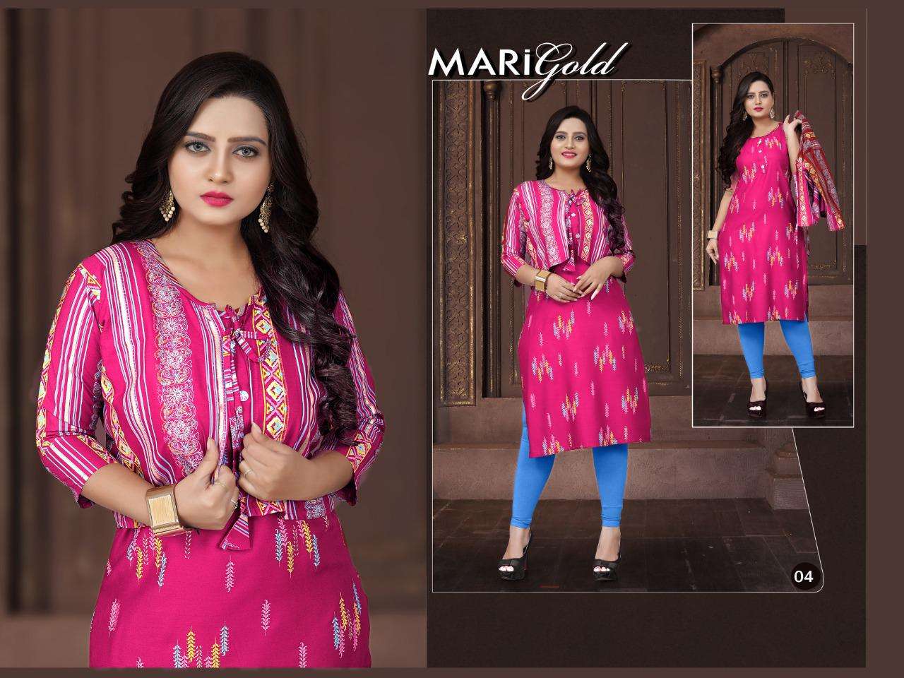Marigold Vol-2 By Trendy Heavy Rayon With Koti With Gold Foil Print Kurti Catalog Collection
