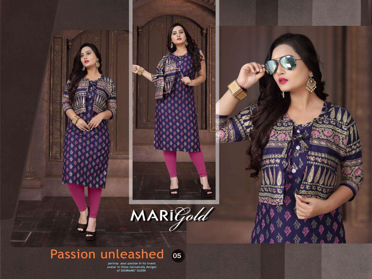 Marigold Vol-2 By Trendy Heavy Rayon With Koti With Gold Foil Print Kurti Catalog Collection
