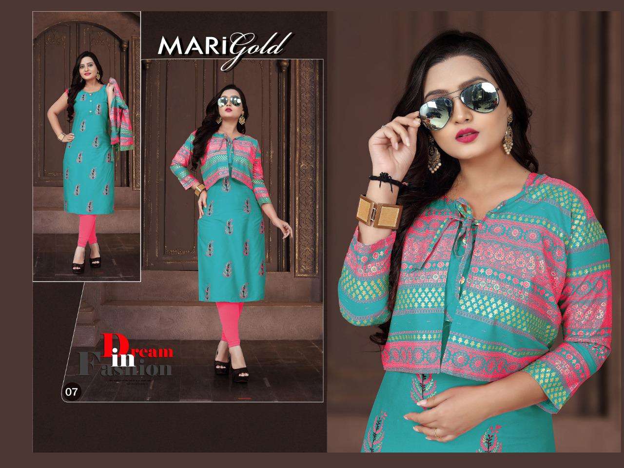Marigold Vol-2 By Trendy Heavy Rayon With Koti With Gold Foil Print Kurti Catalog Collection