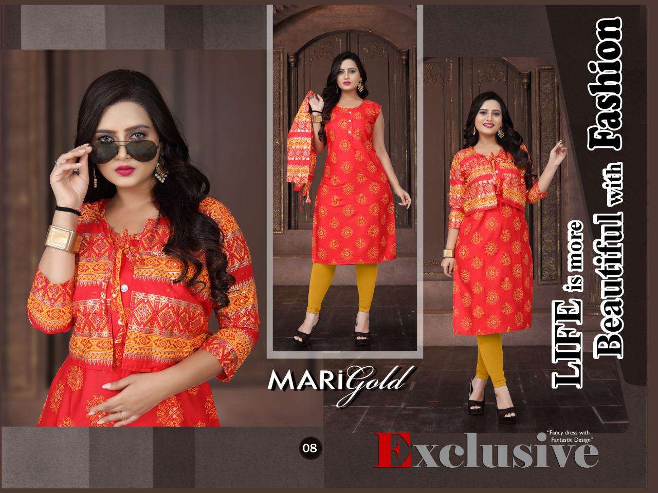 Marigold Vol-2 By Trendy Heavy Rayon With Koti With Gold Foil Print Kurti Catalog Collection