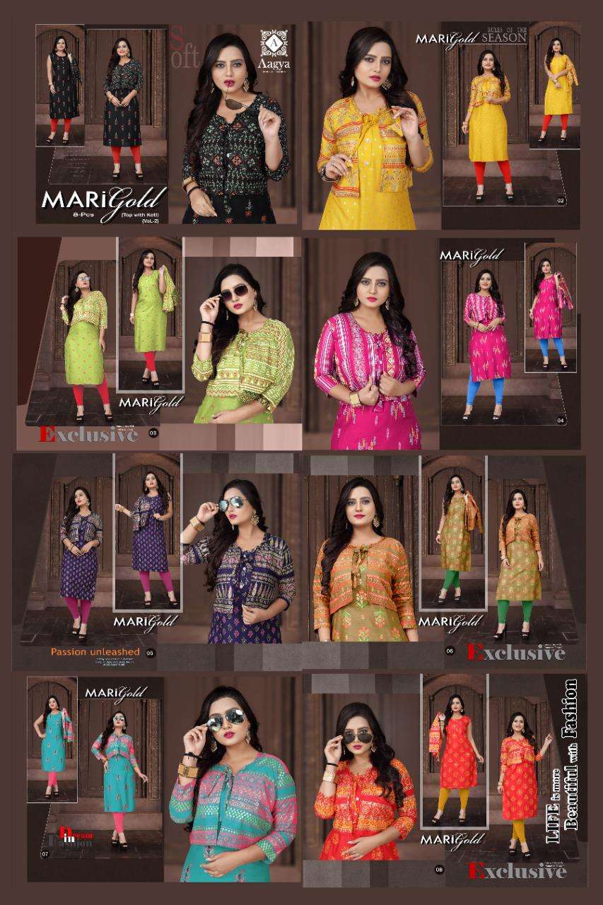Marigold Vol-2 By Trendy Heavy Rayon With Koti With Gold Foil Print Kurti Catalog Collection