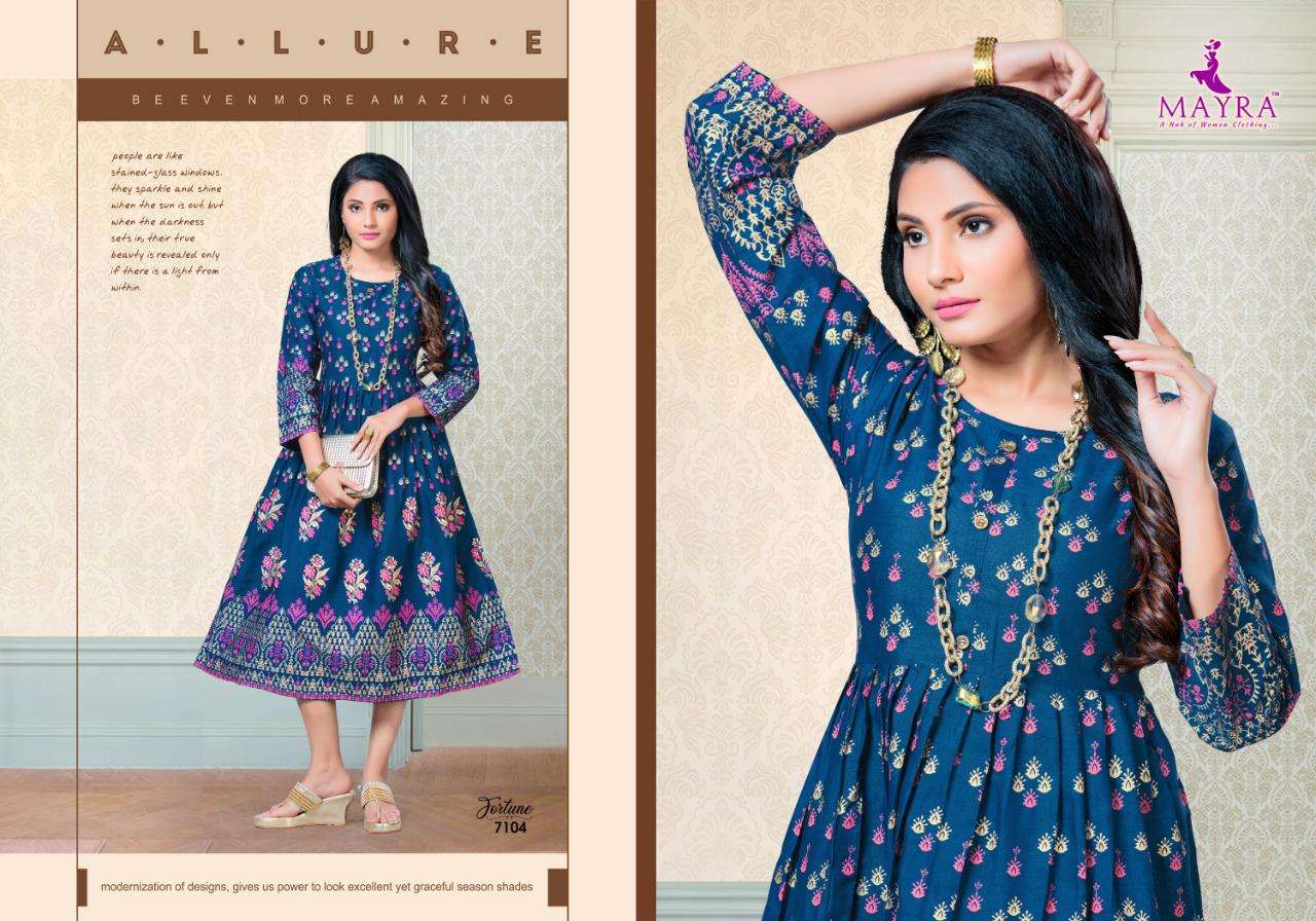 Mayra Fortune With Reyon 2 Ton With Machine Gold Print Kurti Catalog